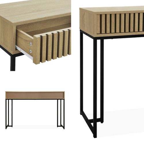 Console Contemporaine Avec 2 Tiroirs En Décor Bois Rainuré. Structure Et Piètement En Métal Noir
