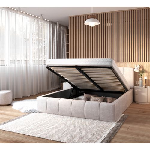 Lit Coffre Atlanta 140 X 200 Cm Avec Sommier à Lattes Relevable Beige