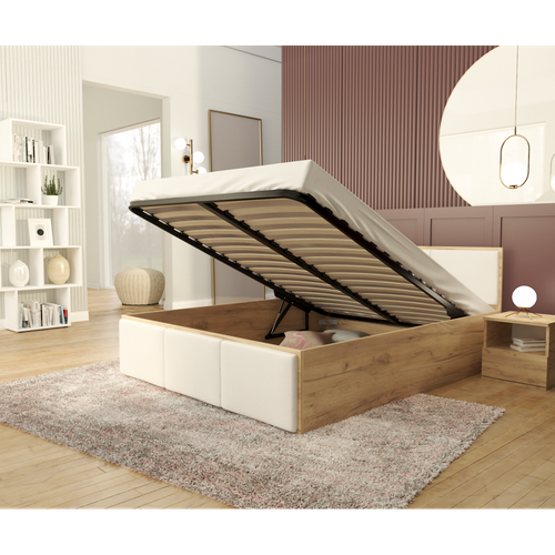 Lit Coffre Barcelona 140 X 200 Cm Avec Sommier à Lattes Relevable Chêne - Blanc