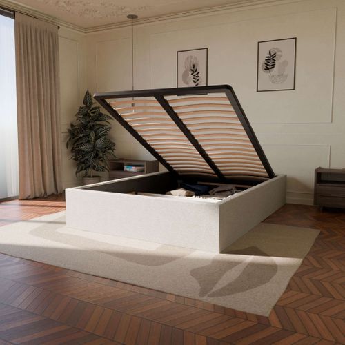 Pack Lit Coffre Et Matelas Hybride 180x200cm épais 26cm Couleur Blanc Crème Sans Tête