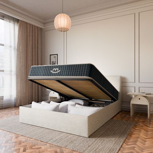Pack Matelas Hybride 160x200cm Accueil à Mémoire De Forme Premium et Lit Coffre Blanc