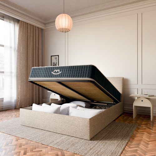 Pack Matelas Hybride 140x190cm Accueil à Mémoire De Forme Premium et Lit Coffre Beige
