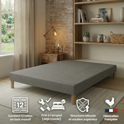 Sommier Tapissier Gris 140x190 + Jeu De Pied . Fabrication Francaise.
