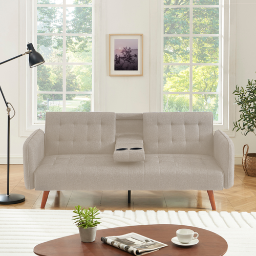 Inverness - Canapé 3 Places Convertible Avec Tablette Centrale Rabattable Beige