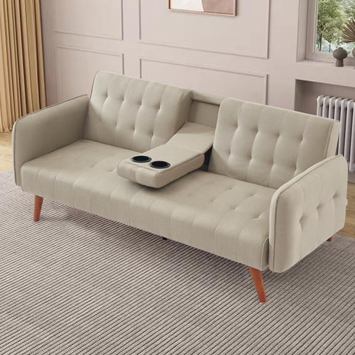 Inverness - Canapé 3 Places Convertible Avec Tablette Centrale Rabattable Beige