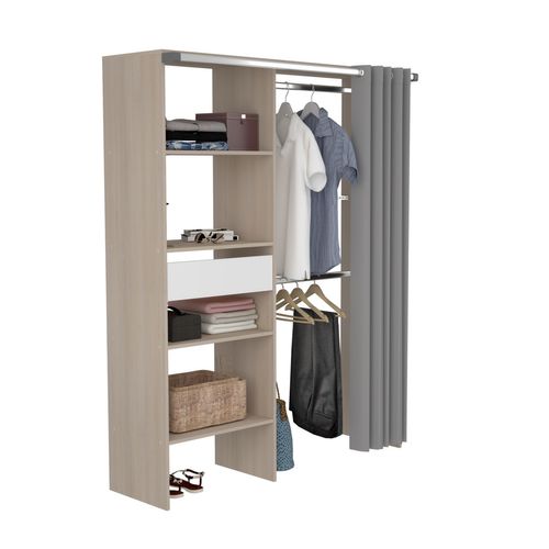 Bali - Dressing Avec Rideau, 4 étagères, 2 Penderies Et Un Tiroir Bois Et Blanc