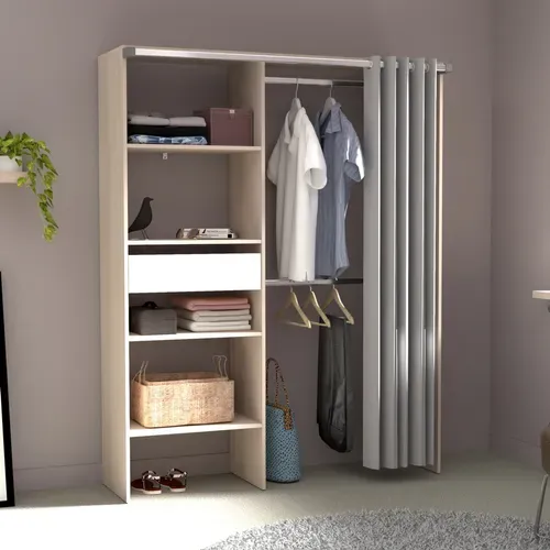 Bali - Dressing Avec Rideau, 4 étagères, 2 Penderies Et Un Tiroir Bois Et Blanc