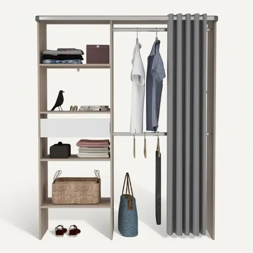 Bali - Dressing Avec Rideau, 4 étagères, 2 Penderies Et Un Tiroir Bois Et Blanc