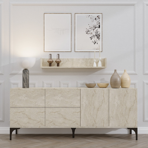 Aura - Buffet Effet Travertin 180 Cm 6 Portes Et étagère