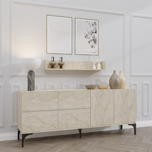 Aura - Buffet Effet Travertin 180 Cm 6 Portes Et étagère