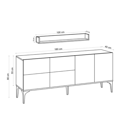 Aura - Buffet Effet Travertin 180 Cm 6 Portes Et étagère