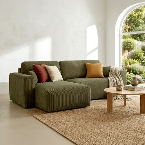 Canapé D'angle Réversible Convertible 4 Places Avec Coffre En Velours Côtelé Vert Kaki - Davis