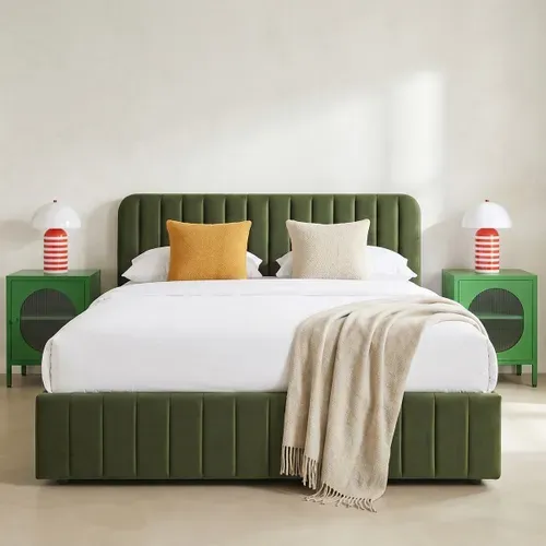 Lit Coffre Adulte 140x190 Cm Avec Tête De Lit Capitonnée En Velours Vert Kaki - Ava