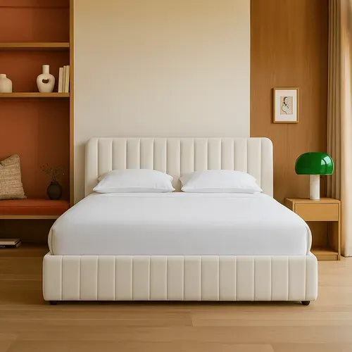 Lit Coffre Adulte 140x190 Cm Avec Tête De Lit Capitonnée En Velours Beige - Ava
