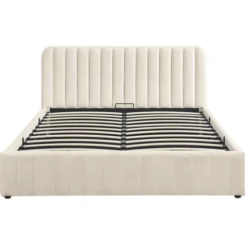 Lit Coffre Adulte 140x190 Cm Avec Tête De Lit Capitonnée En Velours Beige - Ava