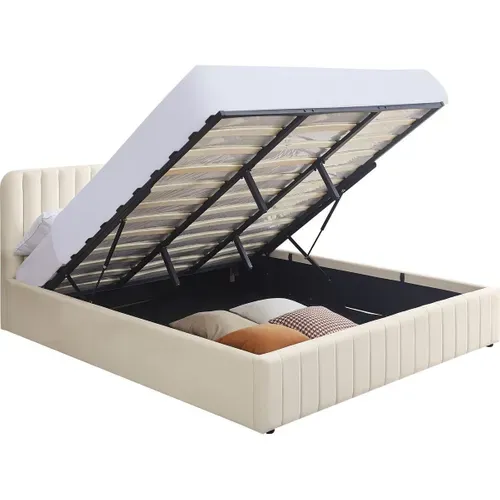 Lit Coffre Adulte 140x190 Cm Avec Tête De Lit Capitonnée En Velours Beige - Ava