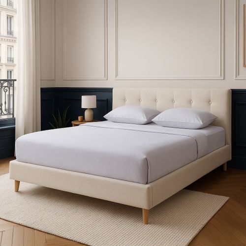 Lit Adulte 180x200 Cm Avec Tête De Lit Capitonnée En Tissu Beige - Milo