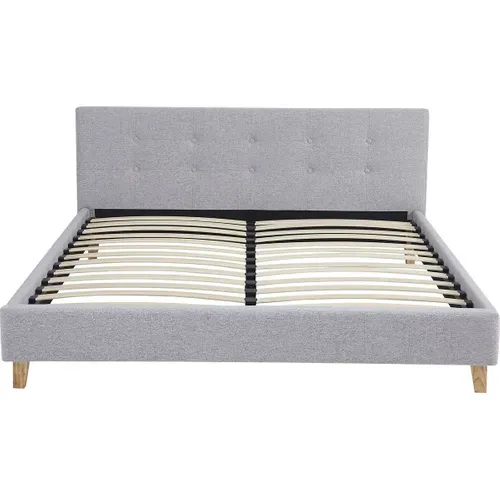 Lit Adulte 140x190 Cm Avec Tête De Lit Capitonnée En Tissu Gris Chiné - Milo