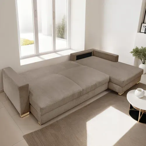 Canapé D'angle à Droite Convertible 5 Places En Velours Côtelé Taupe - Robin