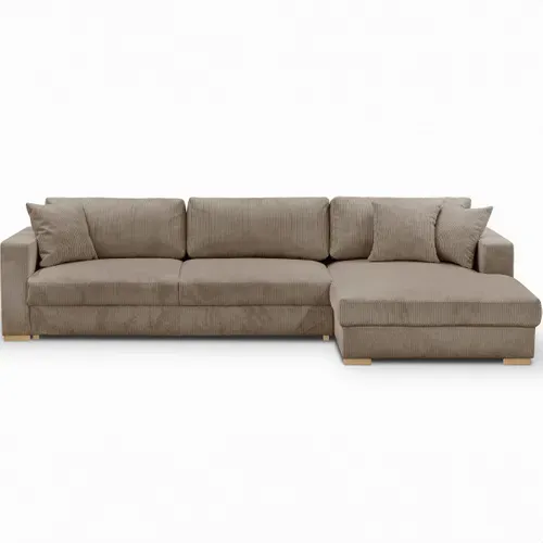 Canapé D'angle à Droite Convertible 5 Places En Velours Côtelé Taupe - Robin