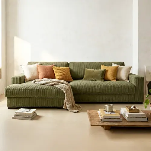 Canapé D'angle à Gauche Convertible 3 Places En Velours Côtelé Vert Kaki - Arty