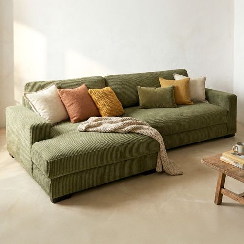 Canapé D'angle à Gauche Convertible 3 Places En Velours Côtelé Vert Kaki - Arty