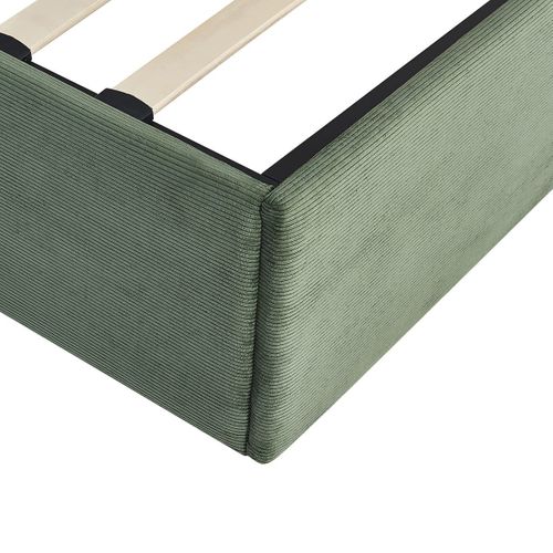 Lit Coffre Adulte 160x200 Cm En Velours Côtelé Vert Kaki Avec Tête De Lit En Bois Et Cannage - Elsa