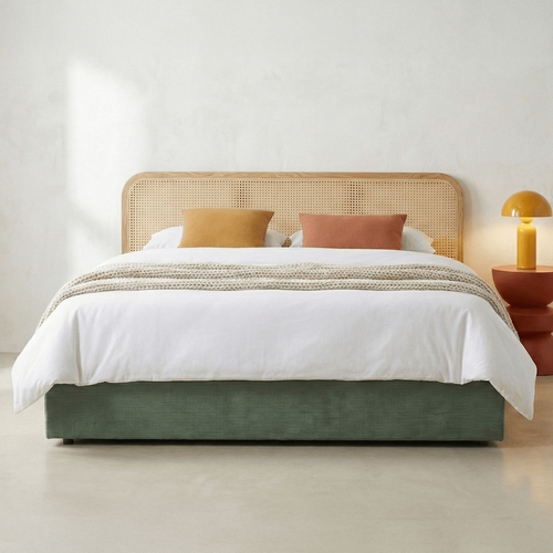 Lit Coffre Adulte 160x200 Cm En Velours Côtelé Vert Kaki Avec Tête De Lit En Bois Et Cannage - Elsa