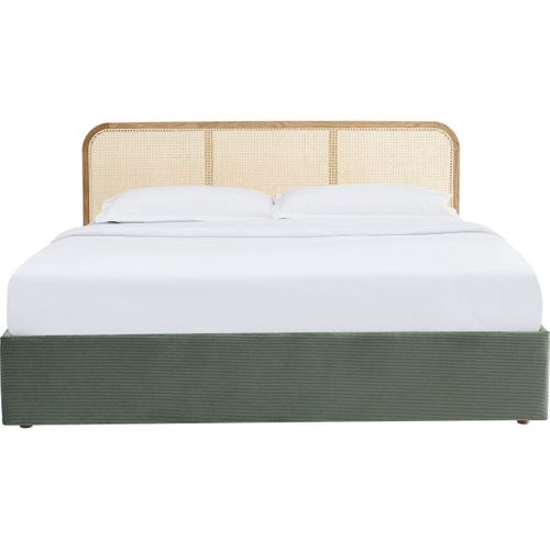 Lit Coffre Adulte 160x200 Cm En Velours Côtelé Vert Kaki Avec Tête De Lit En Bois Et Cannage - Elsa