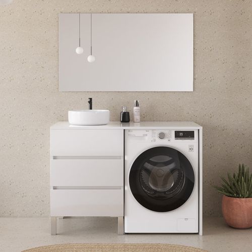 Meuble Lave Linge 124cm Avec Plateau Et Vasque Ronde - Sans Miroir - 3 Tiroirs - Blanc - Cruz
