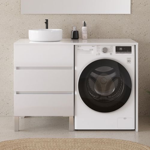 Meuble Lave Linge 124cm Avec Plateau Et Vasque Ronde - Sans Miroir - 3 Tiroirs - Blanc - Cruz