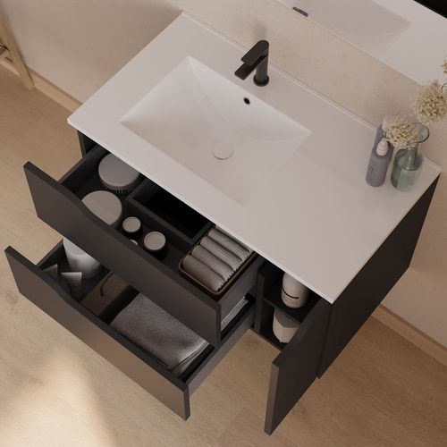 Meuble De Salle De Bain 80cm Avec Vasque Et Miroir - Noir - Zarza