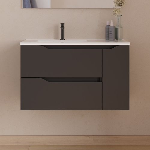 Meuble De Salle De Bain 80cm Avec Vasque Et Miroir - Noir - Zarza