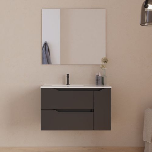Meuble De Salle De Bain 80cm Avec Vasque Et Miroir - Noir - Zarza