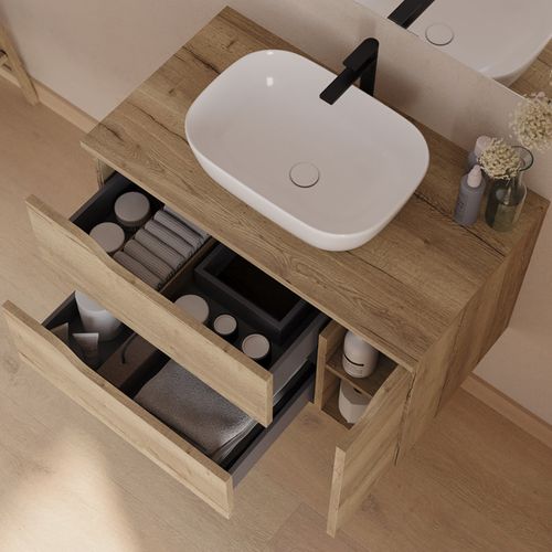 Meuble De Salle De Bain 80cm Avec Plateau Et Vasque Zeus - Sans Miroir - Madera Miel - Zarza