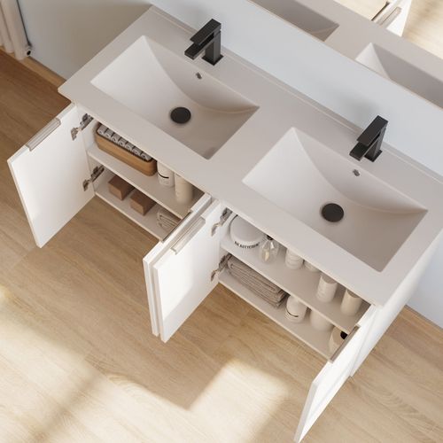 Meuble De Salle De Bain 120cm Double Vasque - 4 Portes - Sans Miroir - Blanc Mat - Rosie