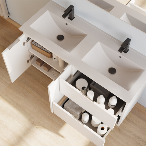 Meuble De Salle De Bain 120cm Double Vasque - 2 Portes Et 2 Tiroirs - Blanc Mat - Rosie