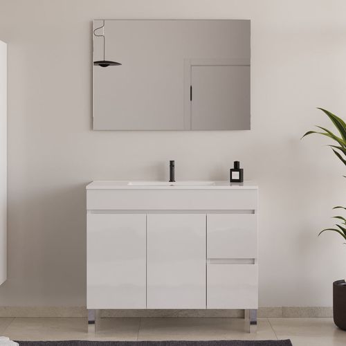 Meuble De Salle De Bain 90cm Simple Vasque - Sans Miroir - Portes Et Tiroirs - Blanc Brillant - Haro