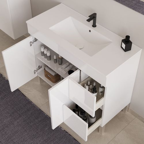 Meuble De Salle De Bain 90cm Simple Vasque - Sans Miroir - Portes Et Tiroirs - Blanc Brillant - Haro