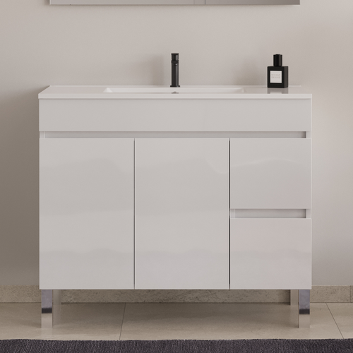 Meuble De Salle De Bain 90cm Simple Vasque - Sans Miroir - Portes Et Tiroirs - Blanc Brillant - Haro