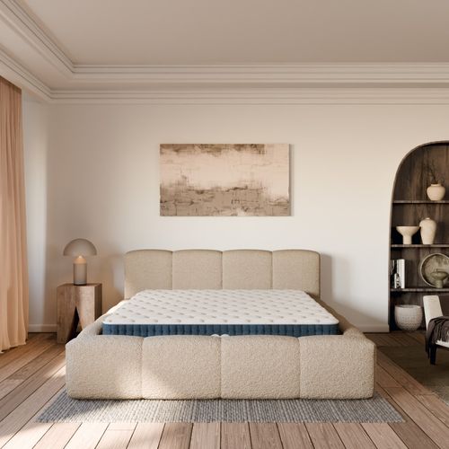 Ensemble Matelas Hybride Jade Épais. 26cm Et Lit Coffre Beige Tissu Bouclé 140x190cm