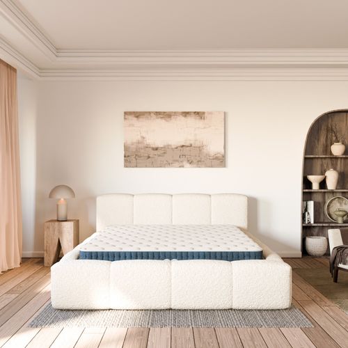 Ensemble Matelas Hybride Jade Épais. 26cm Et Lit Coffre Beige Tissu Bouclé 180x200cm