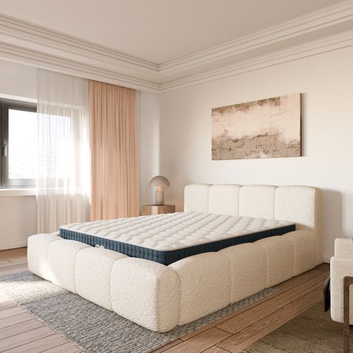 Ensemble Matelas Hybride Jade Épais. 26cm Et Lit Coffre Beige Tissu Bouclé 180x200cm