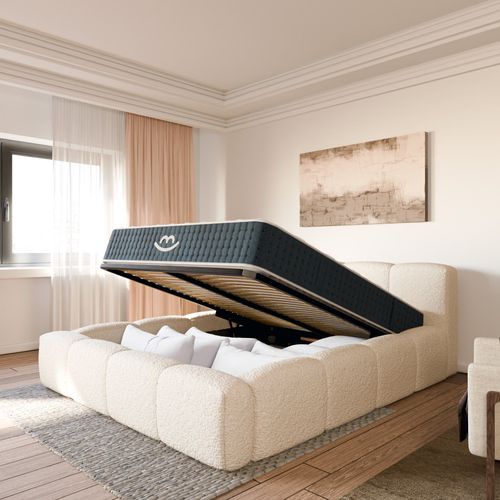 Ensemble Matelas Hybride Jade Épais. 26cm Et Lit Coffre Beige Tissu Bouclé 180x200cm