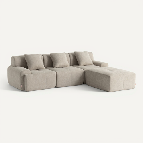 Canapé D'angle Compressé Sofamous 3 Places Avec Méridienne Tissu Chenille Beige Sable