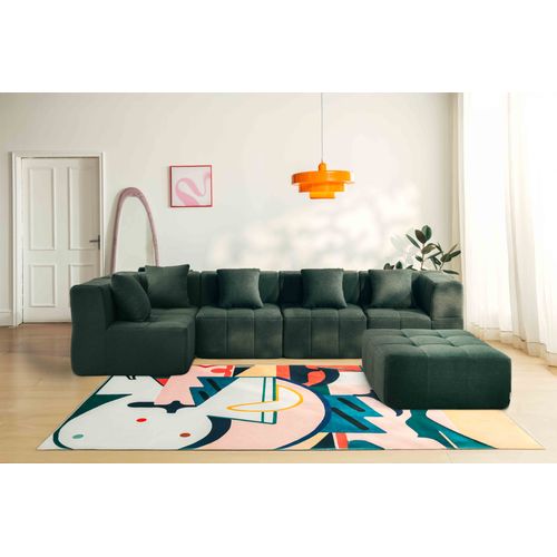 Canapé D'angle Compressé Sofabulous 5 Places Avec Méridienne Tissu Bouclé Vert Foret