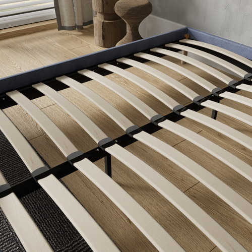 Sommier 180x200 Cm, Cadre En Tissu Bleu, Pieds En Bois