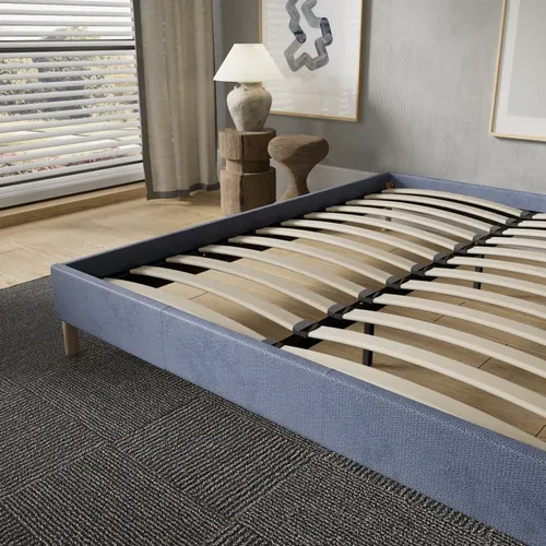 Sommier 180x200 Cm, Cadre En Tissu Bleu, Pieds En Bois