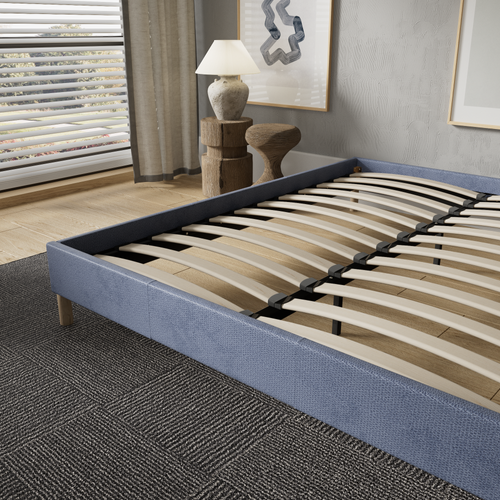 Sommier 120x190 Cm, Cadre En Tissu Bleu, Pieds En Bois