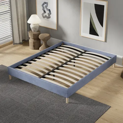 Sommier 90x190 Cm, Cadre En Tissu Bleu, Pieds En Bois
